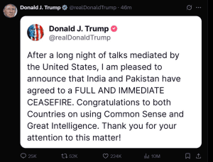 Ceasefire breakthrough: trump announces full peace pact between india and pakistan: 10 may 2025