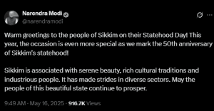 Sikkim celebrates 50 years of statehood: pm modi extends heartfelt greetings on golden jubilee