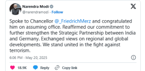 Pm modi congratulates friedrich merz, calls for stronger india-germany strategic alliance: may 2025