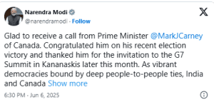 PM Shri Narendra Modi Receives Call from Canadian PM Mark Carney