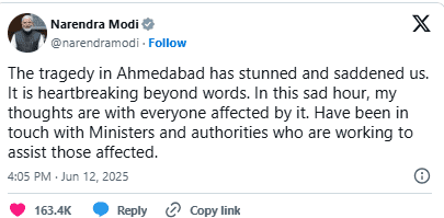 Prime Minister Expresses Deep Grief Over Ahmedabad Tragedy, Assures Swift Government Action and Support: 12 June 2025 Prime Minister Expresses Deep Grief Over Ahmedabad Tragedy, Assures Swift Government Action and Support: 12 June 2025