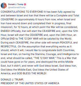Trump Announces Iran-Israel Ceasefire