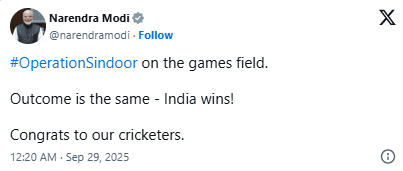 Asia Cup 2025 Victory: Prime Minister Narendra Modi Congratulates Indian Cricket Team