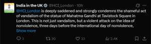 Gandhi statue vandalized London