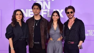 shah rukh khan beams with pride as he joins gauri aryan and suhana at the star studded launch of the ba ds of bollywood