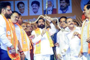 Maharashtra Deputy Chief Minister Eknath Shinde during the meeting organised by the Shiv Sena, in Ulhasnagar on Friday.