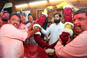 Maharashtra Deputy Chief Minister Eknath Shinde being felicitated as BJP-Shiv Sena combine inched closer to the winning figure on vote counting day of the Maharashtra civic poll results on January 17, 2026. 