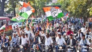 Congress party supporters during the nomination filing of the party candidates Kumud Gudadhe and two others for the Nagpur Municipal Corporation (NMC) elections, in Nagpur on Tuesday. 