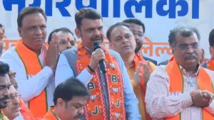 Maharashtra CM Devendra Fadnavis addresses BJP workers in Mumbai.