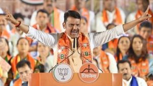 CM Devendra Fadnavis at the rally at Shivaji Park in Dadar on Monday.